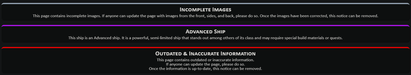 Example of templates at the top of a ship page.