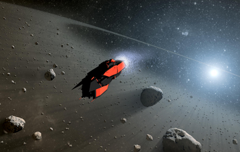 Creator: Unknown - A high resolution image of the old Tengu model flying through a field of asteroids.