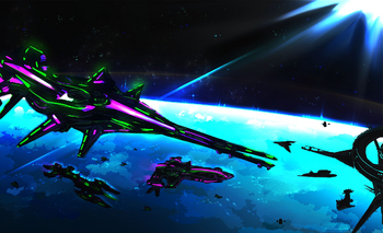 Creator: Unknown - This drawing depicts a Kneall fleet flying over an unknown planet near a Starbase. Ships included are a Prototype X-2, a Decimator, a Punisher, and a bunch of smaller ships. This image is currently used as the server banner for the Galaxy Discord Server.