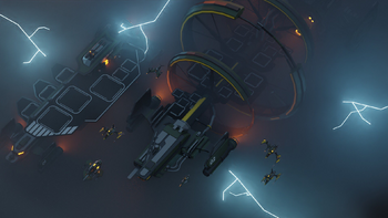 Creator: Unknown - This image features a Nimitz, various fighters, and a concept Pirates Boss ship in some kind of foggy environment. It is currently used as a thumbnail on the Galaxy's Roblox page.